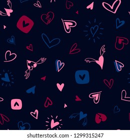 Seamless hand drawn pattern with blue and pink hearts.Vector doodle texture