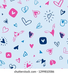 Seamless hand drawn pattern of blue and pink hearts.Vector doodle texture