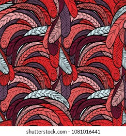 Seamless hand drawn pattern with boho colorful fiery feathers, vector illustration