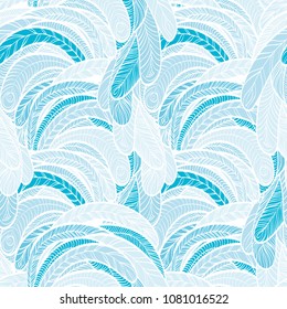 Seamless hand drawn pattern with boho colorful blue feathers, vector illustration