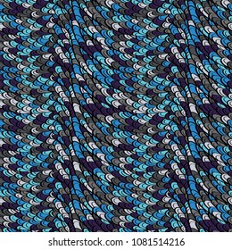 Seamless hand drawn pattern with boho colorful blue scales, vector illustration