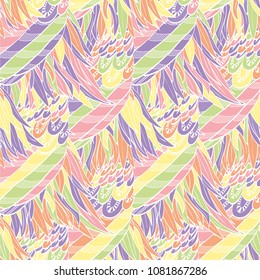 Seamless hand drawn pattern with boho pastel colored feathers, vector illustration