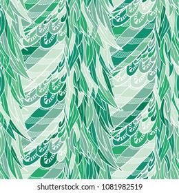 Seamless hand drawn pattern with boho colorful green feathers, vector illustration