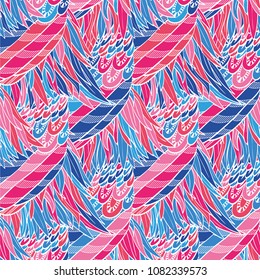 Seamless hand drawn pattern with boho pink and blue feathers, vector illustration