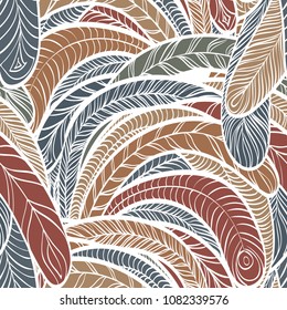 Seamless hand drawn pattern with boho natural colored feathers, vector illustration