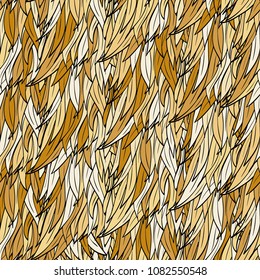 Seamless hand drawn pattern with boho colorful golden feathers, vector illustration