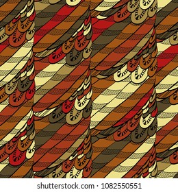 Seamless hand drawn pattern with boho colorful brown feathers, vector illustration