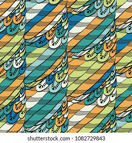 Seamless hand drawn pattern with boho colorful summer colored feathers, vector illustration