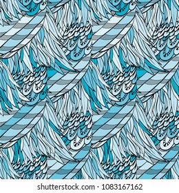 Seamless hand drawn pattern with boho colorful blue feathers, vector illustration
