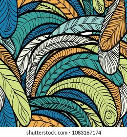 Seamless hand drawn pattern with boho colorful summer colored feathers, vector illustration