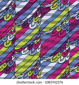 Seamless hand drawn pattern with boho colorful cold toned feathers, vector illustration