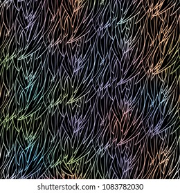 Seamless hand drawn pattern with boho colorful holographic feathers, vector illustration