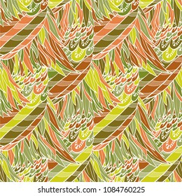 Seamless hand drawn pattern with boho autumn colored feathers, vector illustration
