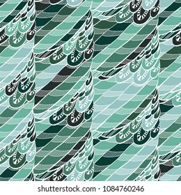 Seamless hand drawn pattern with boho colorful green feathers, vector illustration