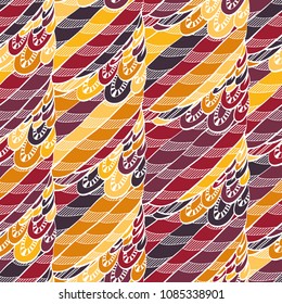 Seamless hand drawn pattern with boho warm colored feathers, vector illustration