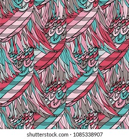 Seamless hand drawn pattern with boho colorful pink and turquoise feathers, vector illustration