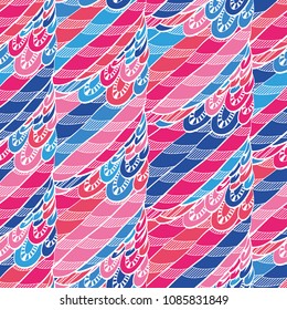 Seamless hand drawn pattern with boho pink and blue feathers, vector illustration