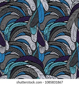 Seamless hand drawn pattern with boho colorful blue feathers, vector illustration