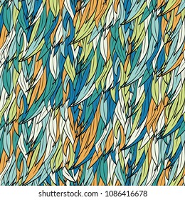 Seamless hand drawn pattern with boho colorful summer colored feathers, vector illustration