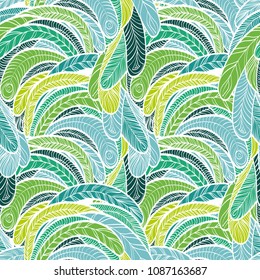 Seamless hand drawn pattern with boho colorful green feathers, vector illustration