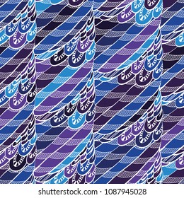 Seamless hand drawn pattern with boho colorful blue feathers, vector illustration