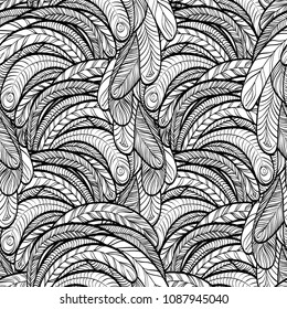 Seamless hand drawn pattern with boho grey feathers, vector illustration