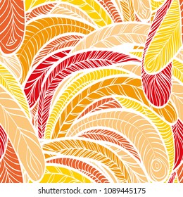 Seamless hand drawn pattern with boho colorful fiery feathers, vector illustration