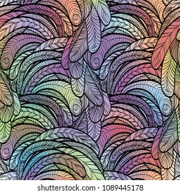 Seamless hand drawn pattern with boho colorful holographic feathers, vector illustration