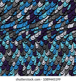 Seamless hand drawn pattern with boho colorful blue scales, vector illustration