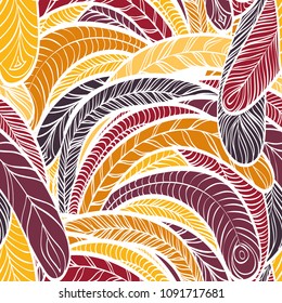 Seamless hand drawn pattern with boho warm colored feathers, vector illustration