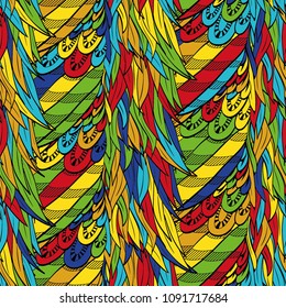 Seamless hand drawn pattern with boho colorful parrot colored feathers, vector illustration