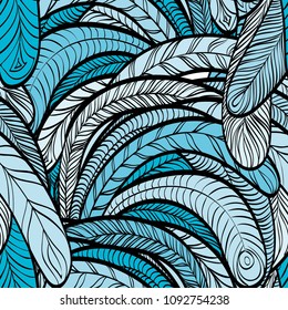 Seamless hand drawn pattern with boho colorful blue feathers, vector illustration