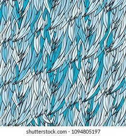 Seamless hand drawn pattern with boho colorful blue feathers, vector illustration