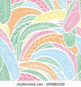 Seamless hand drawn pattern with boho pastel colored feathers, vector illustration