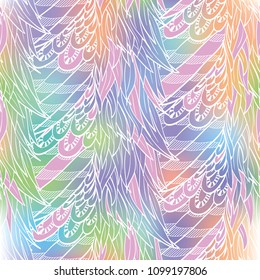 Seamless hand drawn pattern with boho colorful holographic feathers, vector illustration