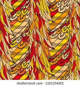 Seamless hand drawn pattern with boho colorful fiery feathers, vector illustration