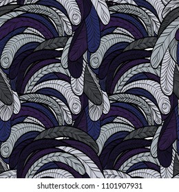 Seamless hand drawn pattern with boho dark feathers, vector illustration