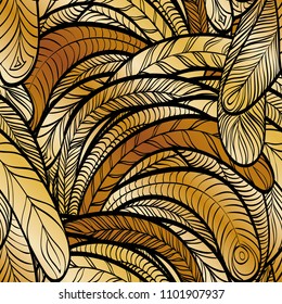 Seamless hand drawn pattern with boho colorful golden feathers, vector illustration