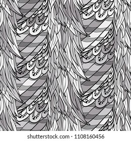 Seamless hand drawn pattern with boho colorful grey feathers, vector illustration