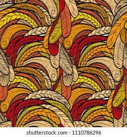 Seamless hand drawn pattern with boho colorful fiery feathers, vector illustration