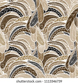 Seamless hand drawn pattern with boho sepia colored feathers, vector illustration