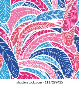 Seamless hand drawn pattern with boho pink and blue feathers, vector illustration