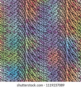 Seamless hand drawn pattern with boho colorful holographic scales, vector illustration