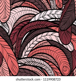Seamless hand drawn pattern with boho colorful burgundy feathers, vector illustration