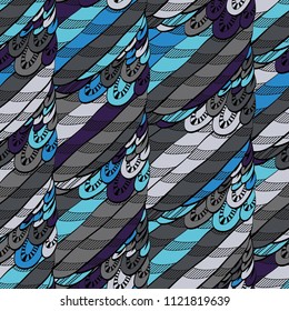 Seamless hand drawn pattern with boho colorful blue feathers, vector illustration