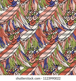 Seamless hand drawn pattern with boho colorful bright feathers, vector illustration