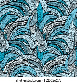 Seamless hand drawn pattern with boho colorful blue feathers, vector illustration