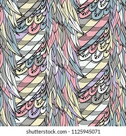 Seamless hand drawn pattern with boho colorful pastel feathers, vector illustration