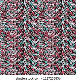 Seamless hand drawn pattern with boho colorful pink and turquoise scales, vector illustration