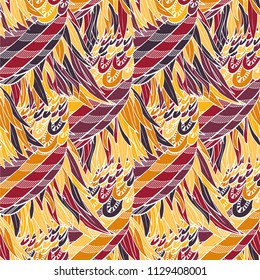 Seamless hand drawn pattern with boho warm colored feathers, vector illustration